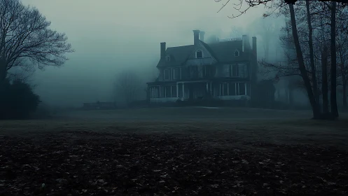 Large Victorian-style house stands in dense dawn fog