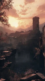 Ruined hillside settlement under dense sunset sky.