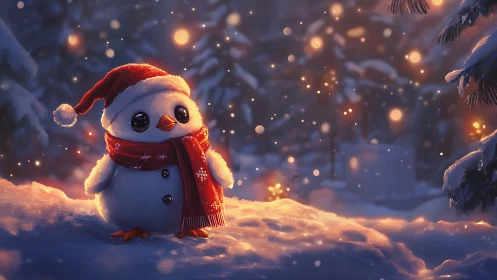Cute snowman in red scarf under glowing winter lights.