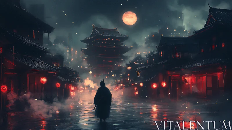 Lone samurai crossing misty lantern street under blood moon.