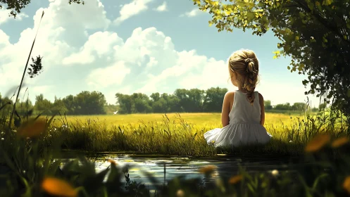 Young child in white dress seated beside reflective stream.