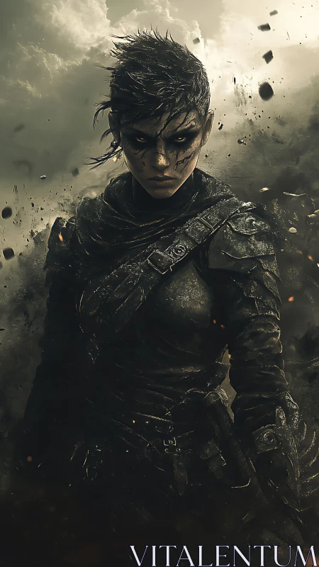 Battle-hardened warrior in tattered armor amid swirling debris.