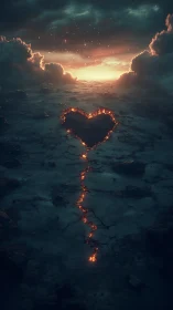 Luminescent Heart-Shaped Lava Formation Against Apocalyptic Sky.
