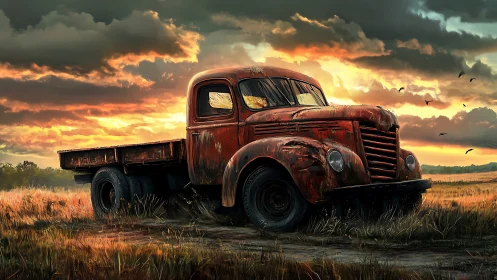 Rusting farm truck under dramatic sunset sky.