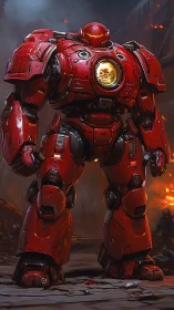 Heavily armoured crimson mech with glowing reactor core.