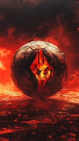 Molten emblem soccer ball levitates above incandescent lava field