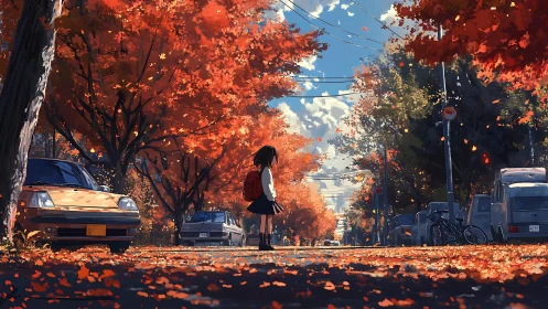 Autumn street perspective with lone schoolgirl framed by dense foliage