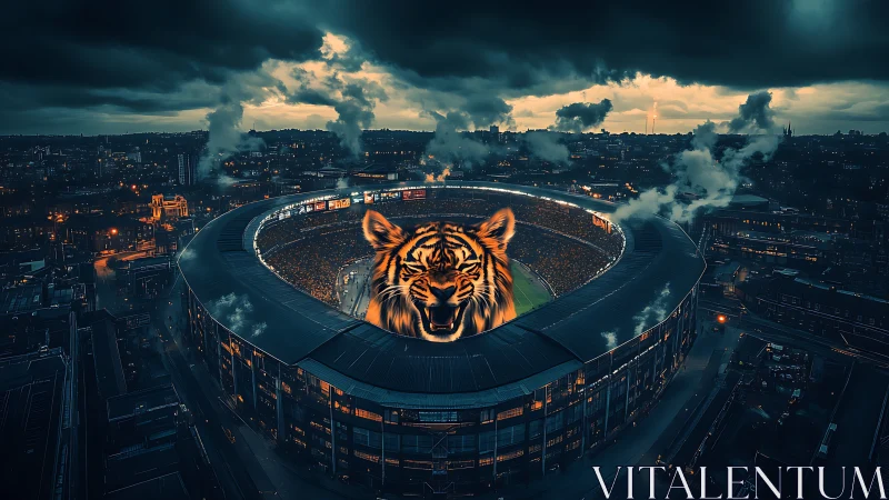 Night stadium panorama with luminous tiger hologram dominating field