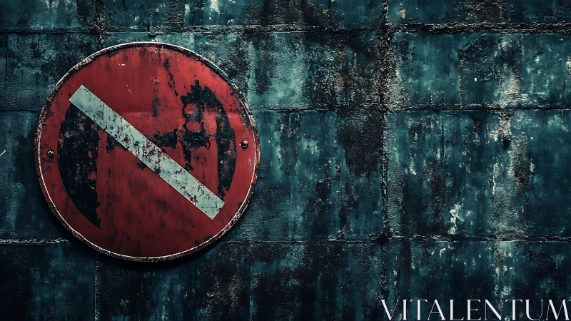 Corroded no-entry road sign on weathered teal concrete wall