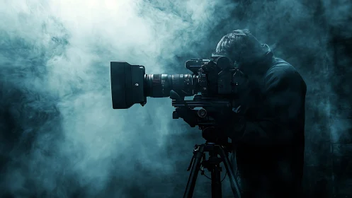 Cinematographer operating large camera in dense studio smoke.