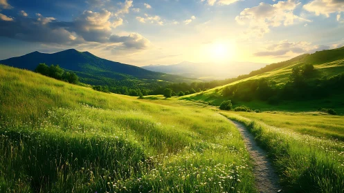 Sunlit meadow trail curling toward emerald mountain horizons.