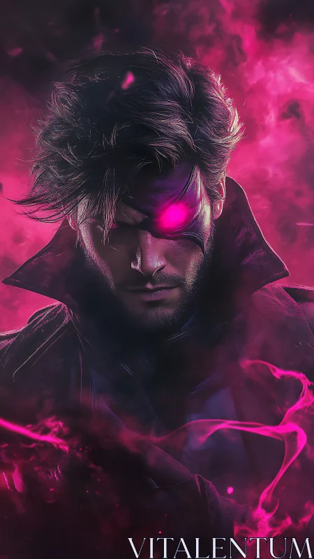 Neon-eyed rogue emerges from swirling magenta stormfire.