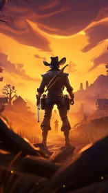 Digital painting of lone gunslinger in sunset showdown composition.