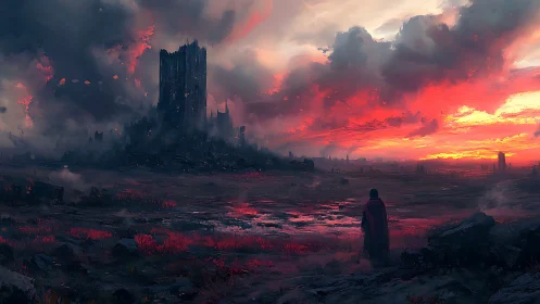 Crimson skies above a lonely wanderer and ruined fortress.