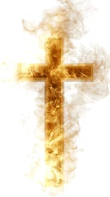 Radiant golden cross emerges through swirling sacred flames.