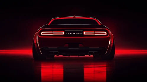 Neon-tailed muscle car idles over a crimson horizon glow.