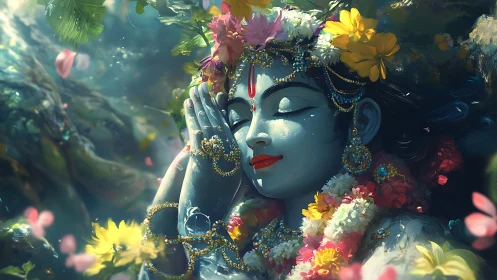 Divine blue figure rests amid radiant blossoms and jewels.