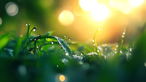 Close-up of dew-covered grass blades in strong backlight.