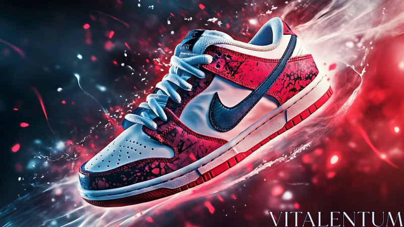 Dynamic red splatter sneaker in high-energy digital motion.