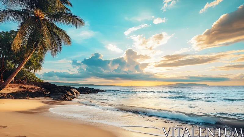 Golden Sunset Beach with Swaying Palms and Ocean Waves