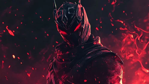 Armored infernal vigilante in ember-saturated digital chiaroscuro.