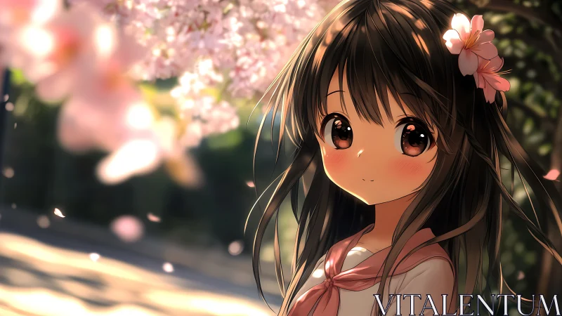 Blushing springtime gaze pauses beneath drifting blossoms