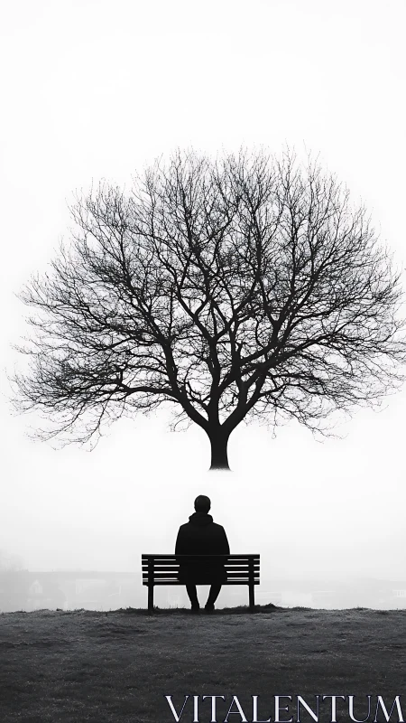 Solitary figure on bench beneath suspended winter tree.