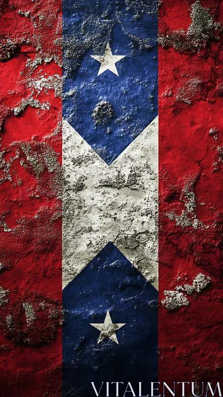 Weathered red and blue flag mural with bright white stars.