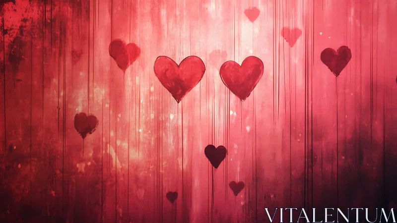 Red heart shapes floating on gradient textured background