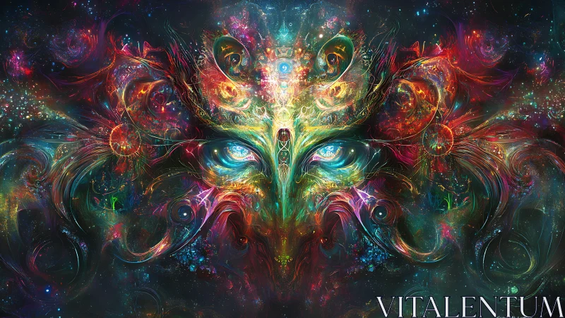 Cosmic spirit unfurls as luminous eyes bloom in stardust.