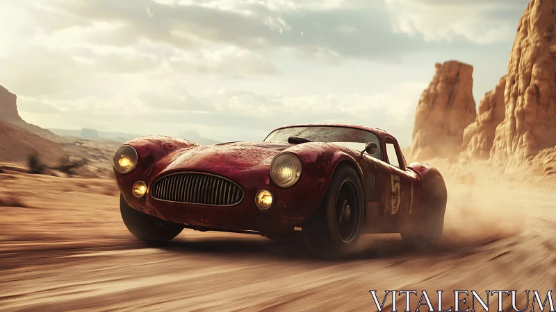 Vintage red race car powers through dusty desert canyon.