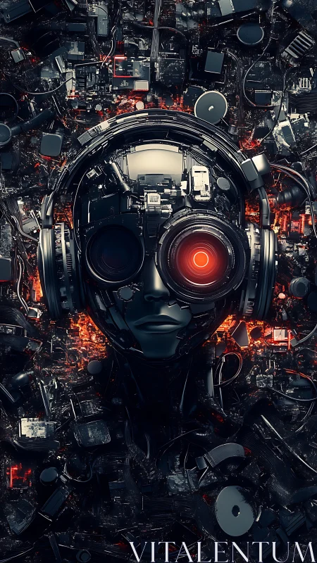 Cybernetic listener amid glowing circuitry dreamscape.