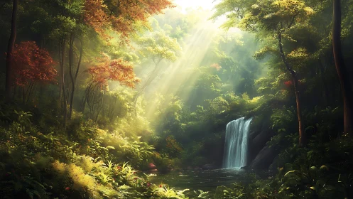 Golden Radiance Cascades Through Ancient Forest Sanctuary.