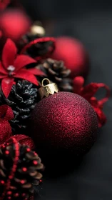 Red glitter bauble lies among pine cones and poinsettias