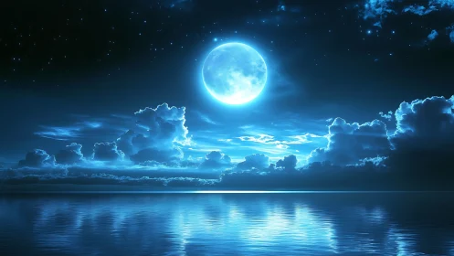 Moonlit ocean hush under electric sapphire clouds at rest.