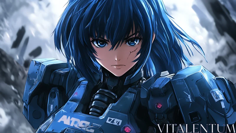 Armored blue-haired mech pilot glares through smoky battlefield.