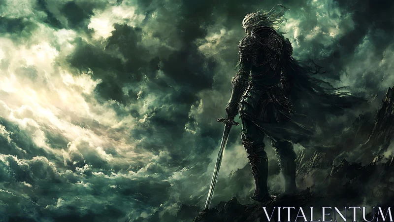 Armored warrior surveys storm-laden skies in moody chiaroscuro