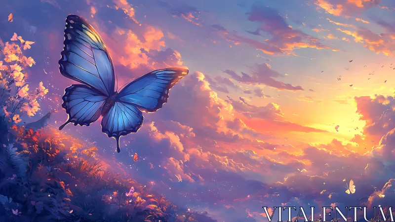 Blue butterfly soars through luminous sunset cloudscape.