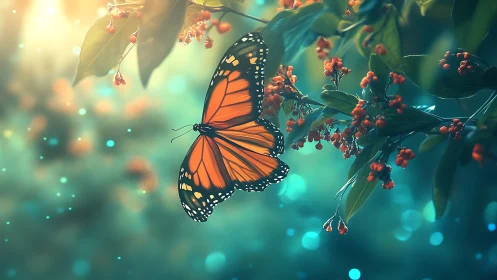 Gentle monarch butterfly pauses among glowing garden blooms