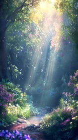 Forest Stream with Flowering Vines and Light Rays