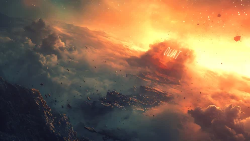 Celestial cloudscape torn by blazing planetary impact.