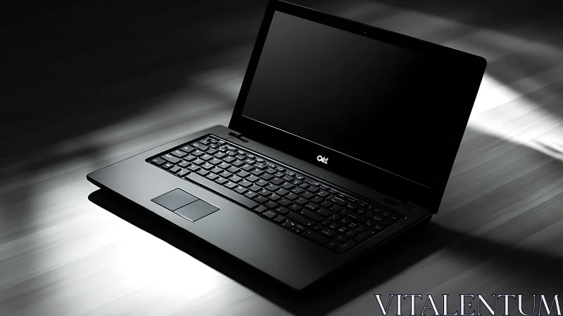 Sleek black laptop resting in soft light on tidy desk.