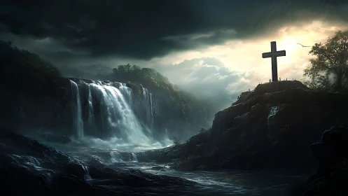 Stormlit cliff cross above turbulent waterfall basin at dusk.