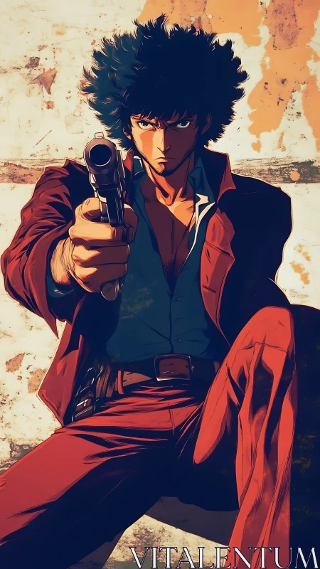 Dynamic low-angle gunslinger portrait with cel-shaded lighting and grit