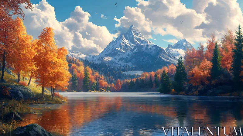 Digital painting of alpine lake with luminous autumn forest.
