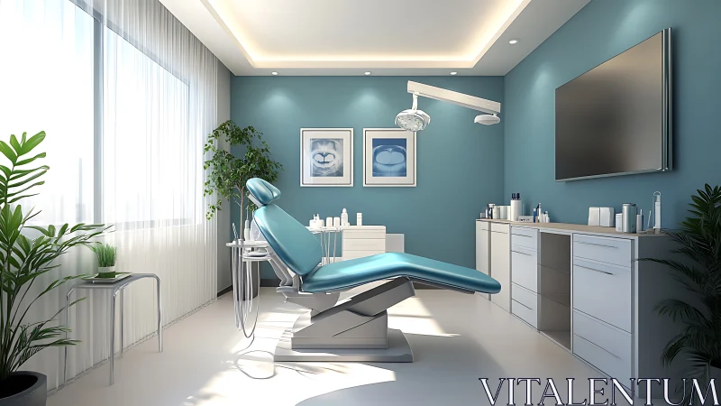 Modern dental treatment room with blue walls and chair.
