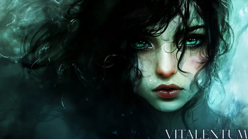 Mystical sea-eyed girl emerging from shimmering shadows.