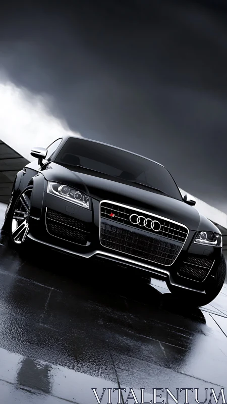 Black performance car on wet pavement under stormy sky.