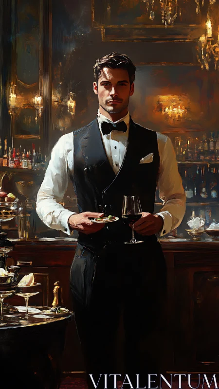 Elegant sommelier serves wine in opulent golden bar