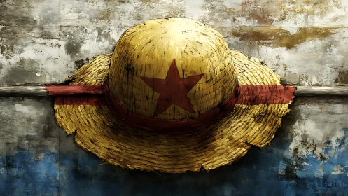 Worn straw hat with red star rests horizontally on wall